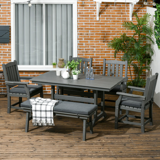6-piece dark gray patio dining set with a rectangular table, loveseat bench, and chairs with cushions