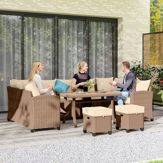 6-piece khaki PE wicker outdoor furniture set with sectional sofas, ottomans, and a slatted WPC top dining table