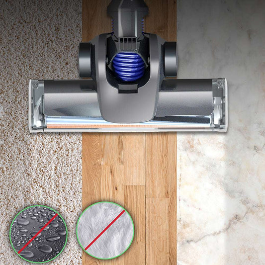 Dyson vacuum cleaner head on a wooden floor with close-ups of cleaning performance on different surfaces.