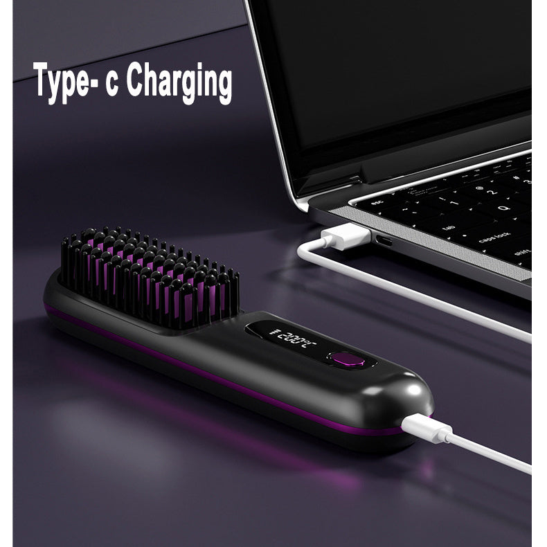2 In 1 Straight Hair Comb Wireless Hair Straightener Brush Hair Fast Heating Portable Hot Curler USB Charging - Ectron Online