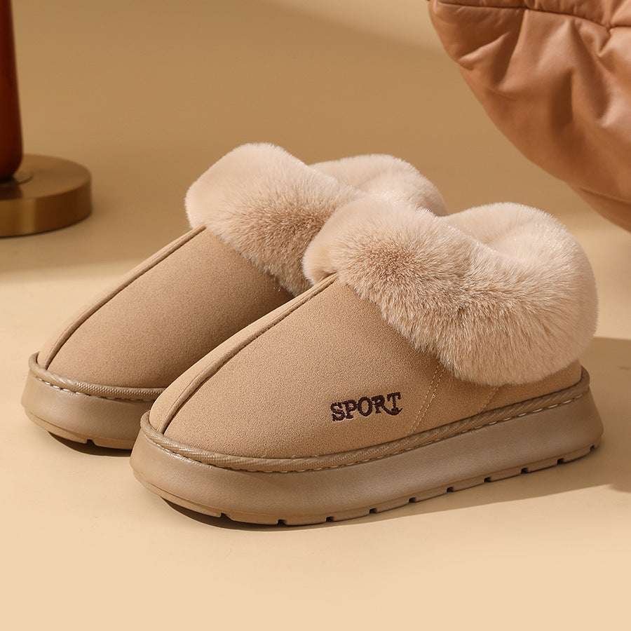 Plush cotton slip-on winter shoes with fur trim, tan upper with cream fur