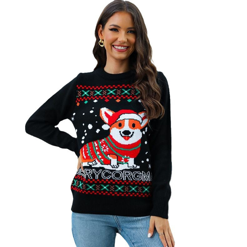 Woman wearing a black Christmas sweater with a corgi design on a white background
