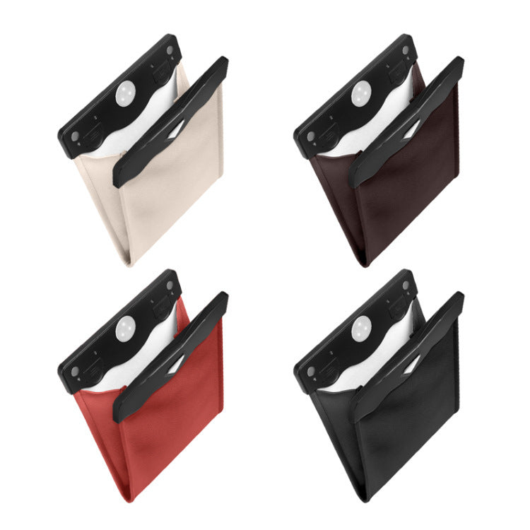 Car trash can organizer set in black, brown, red, and white with LED lamp