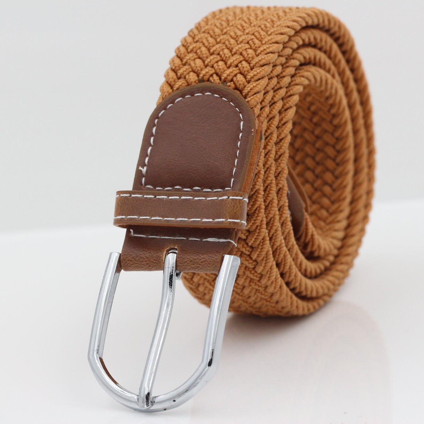 Simple Stretch And Breathable Canvas Woven Belt in a warm tone with a silver buckle.