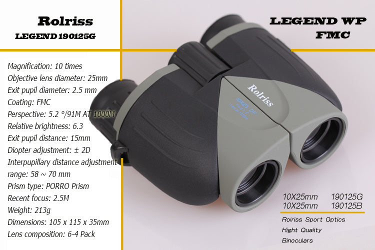 Binoculars with detailed specifications on a white background