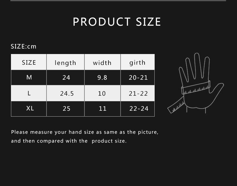Product size chart for hand measurements with a black background