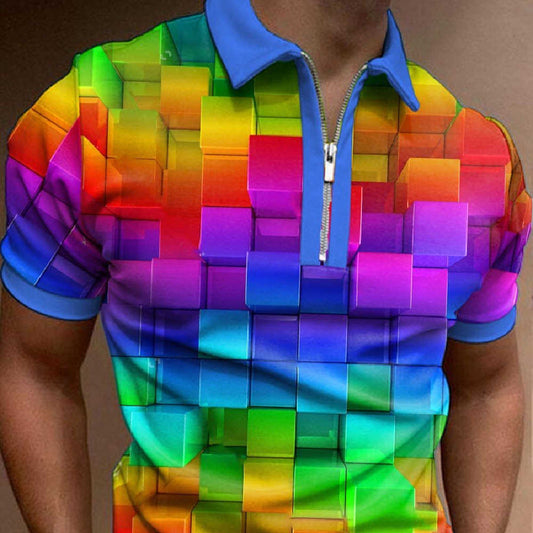 3D Printing Colorful Black Men's Zip Short Sleeve POLO Shirt