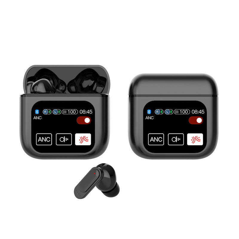 Black wireless earbuds with charging case on a white background