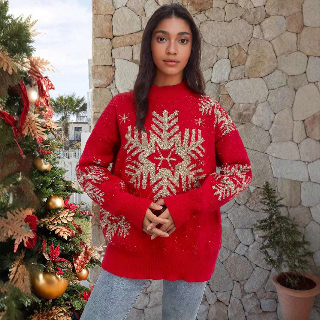 Women's Sweater Gold Thread Snowflake Half Turtleneck Jacquard Loose-fitting