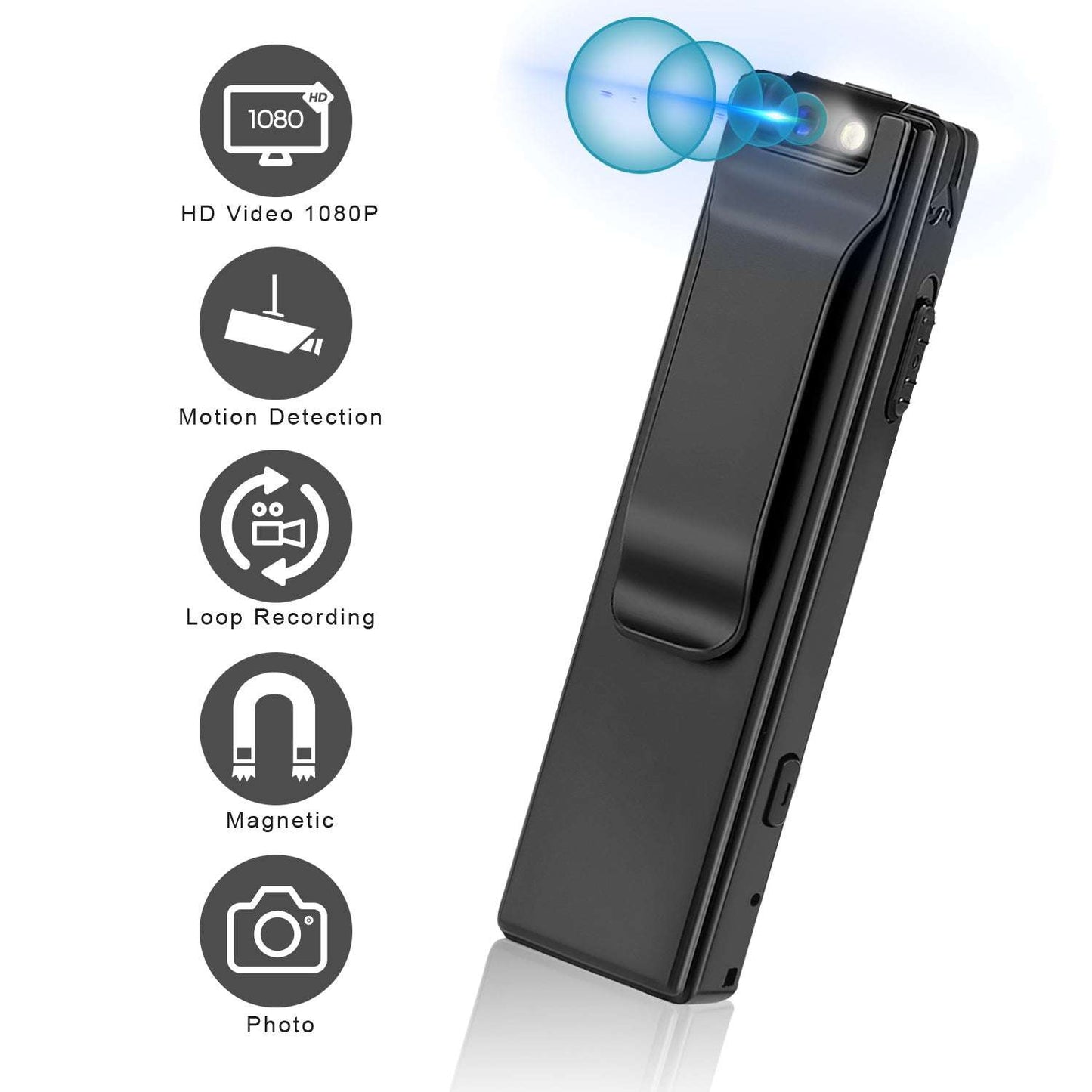 Black video recorder with features highlighted on a white background
