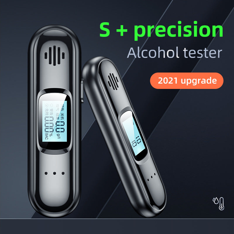 Alcohol tester with digital display on a dark background, labeled 'S + precision' and '2021 upgrade'.