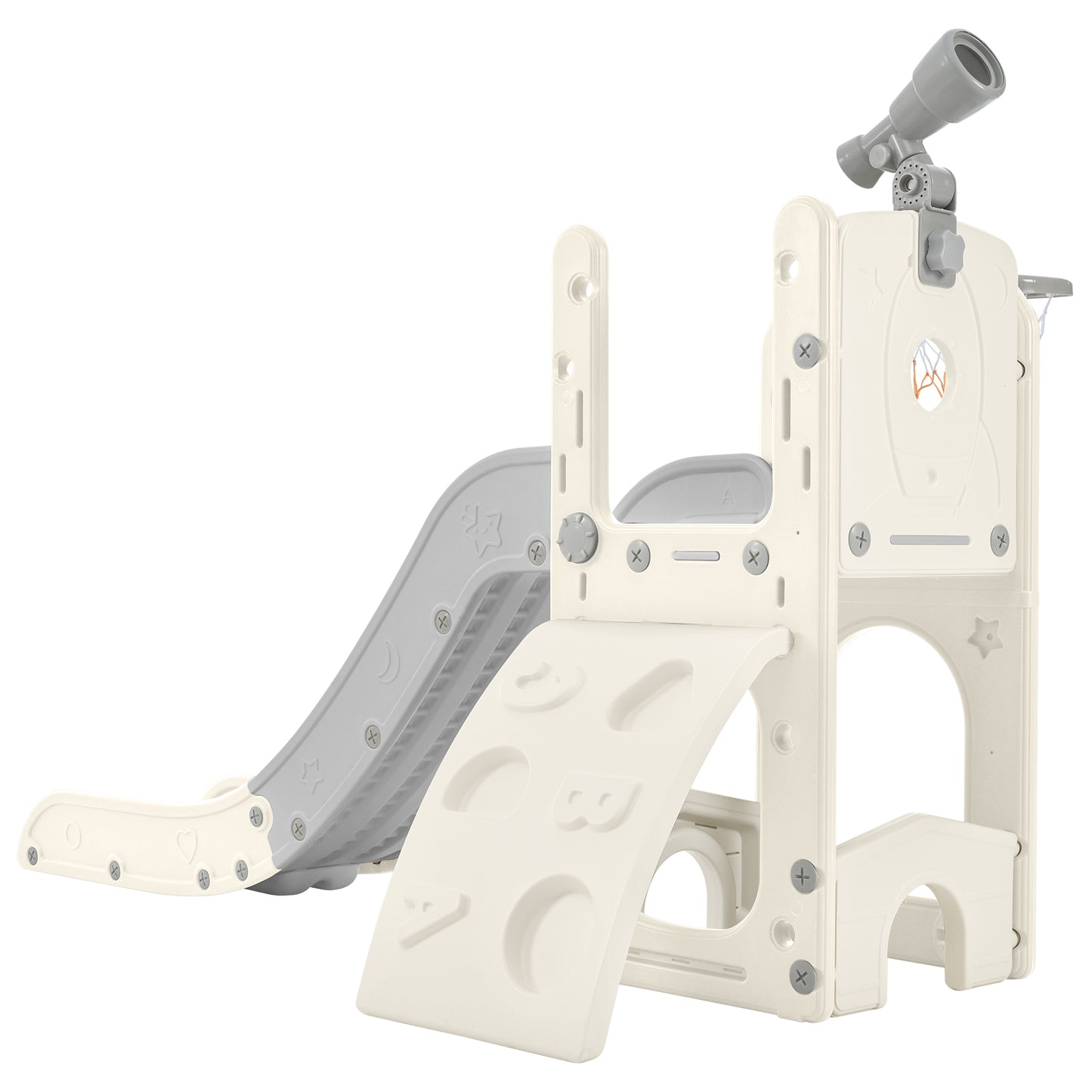 Kids Slide Playset Structure 5 in 1, Freestanding Spaceship Set with Slide, Telescope and Basketball Hoop Grey+White + HDPE - Ectron Online