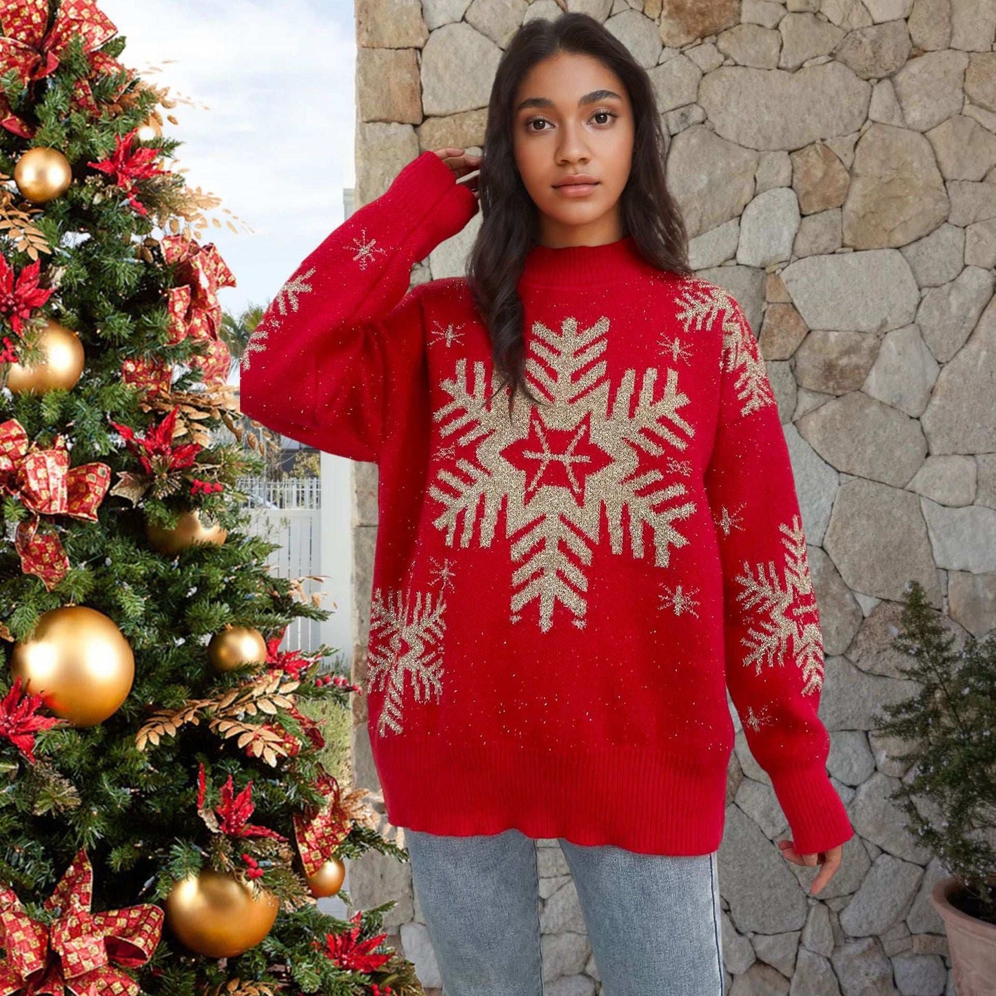 Women's Sweater Gold Thread Snowflake Half Turtleneck Jacquard Loose-fitting