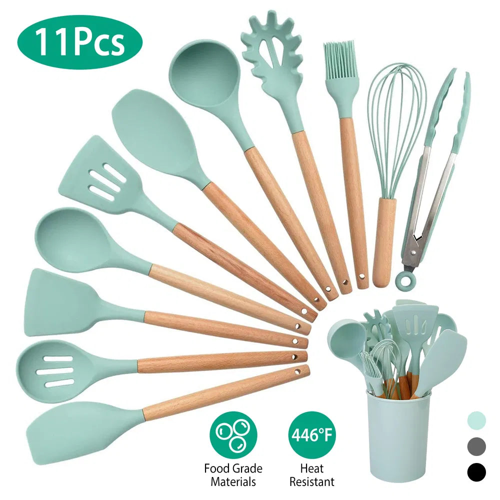 11 Pcs Silicone Cooking Utensil Set - Heat Resistant with Wooden Handles