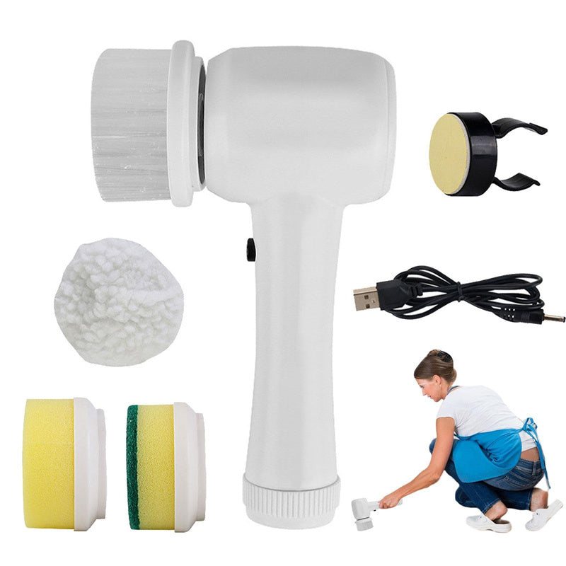 An electric cleaning brush with multiple brush heads and a USB cable, shown being used on a floor.
