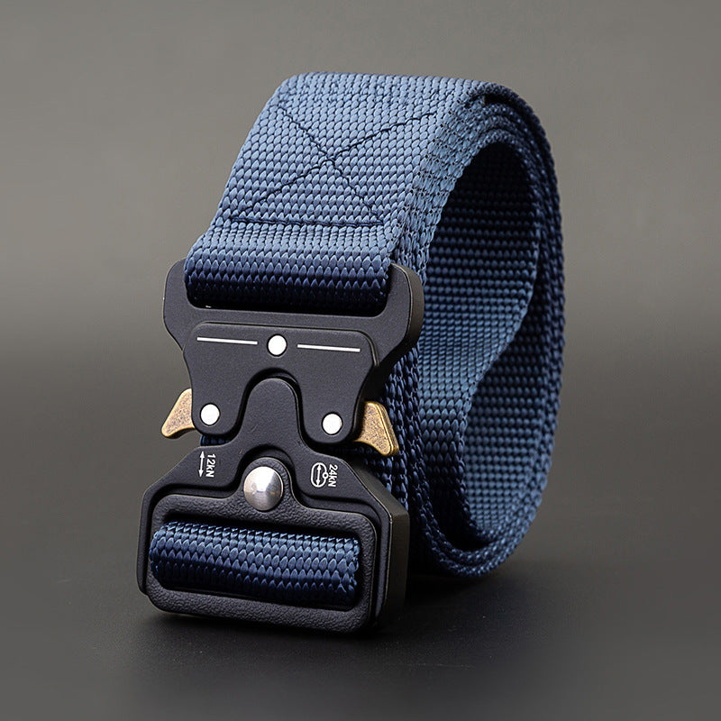 Men's Outdoor Nylon Elastic Buckle Belt Work Clothes Belt in blue with durable elastic design and secure buckle.
