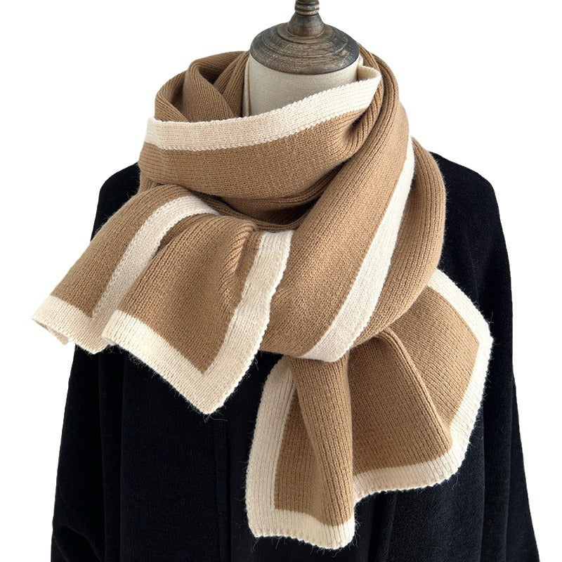 Knitted wool scarf in camel with wide cream stripe bands.