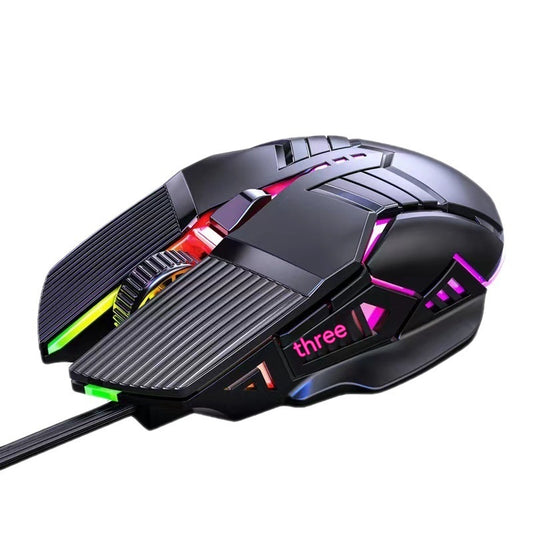 A wired mouse with a colorful, dazzling design featuring an ergonomic shape, buttons, and RGB lighting.