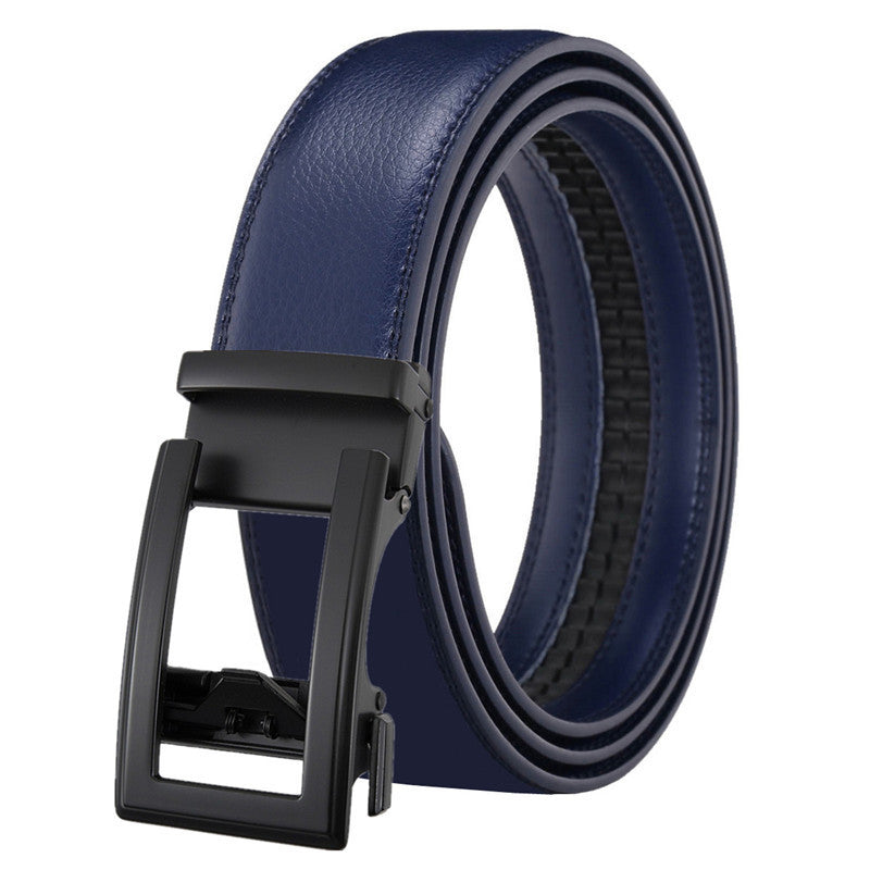 Men's Leather Belt Automatic Buckle Two-layer Cowhide Hollow in navy with a sleek black automatic buckle.