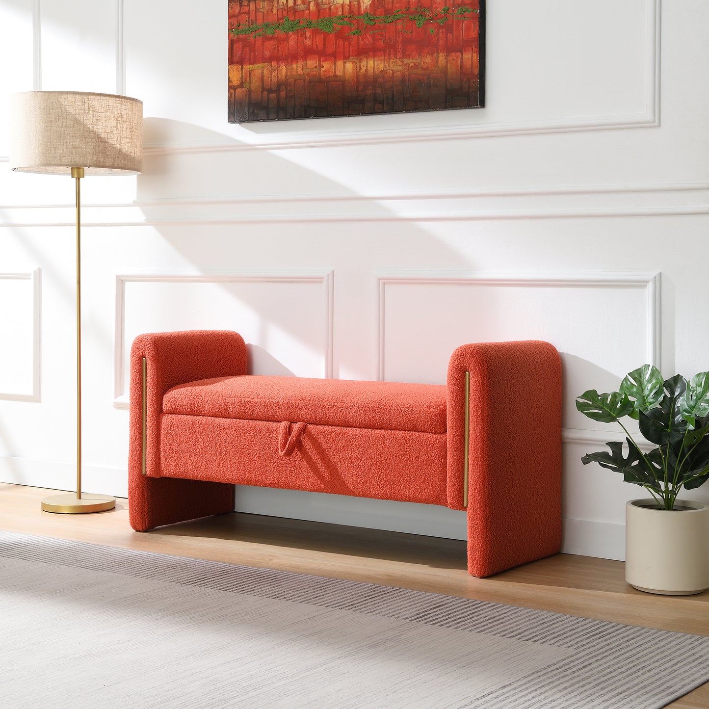 Modern Teddy Storage Bench with Arms - Orange Upholstered Ottoman