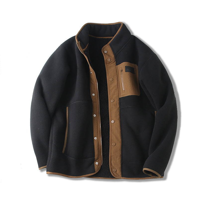 Black jacket with brown accents on a white background