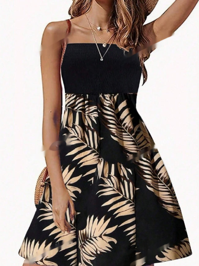 Summer Casual Strap Dress With Patchwork Leaves Print