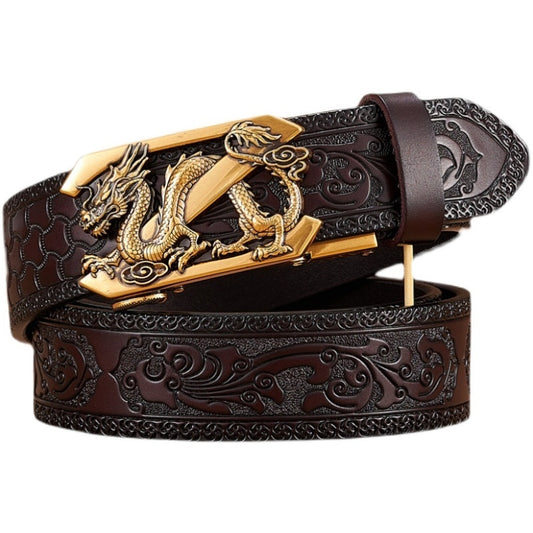 Men's Dragon Automatic Buckle Two-layer Cow Leather Embossed Belt with ornate dragon design and stylish buckle.