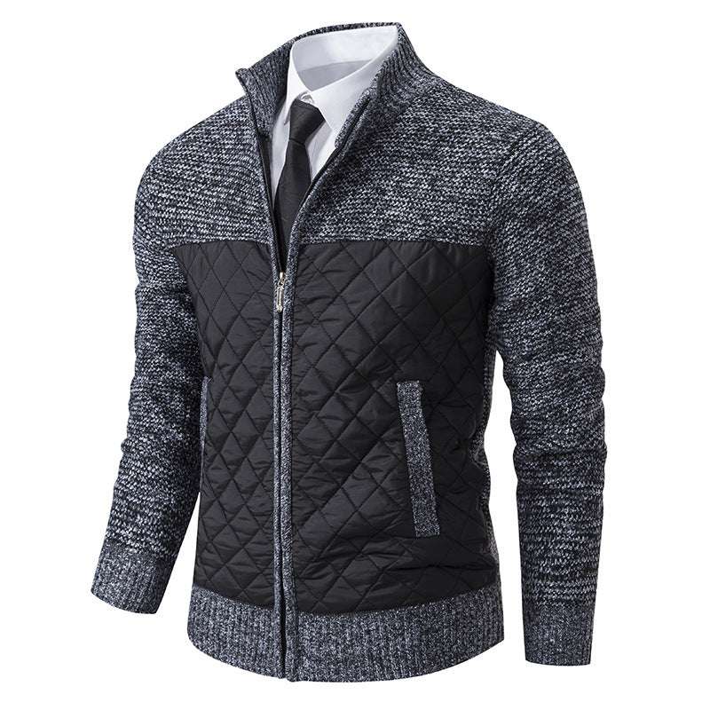 Gray and black quilted jacket on a white background