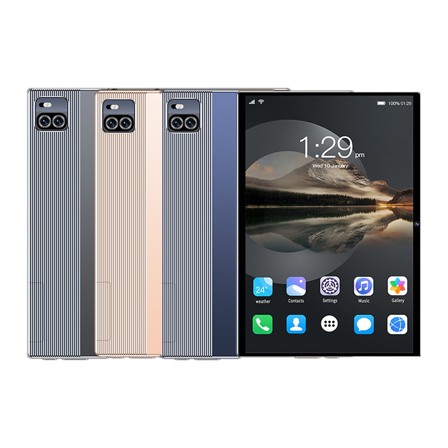 A selection of smart game tablets in gold, blue, and gray colors, showcasing the back and front of the devices with a display screen on.