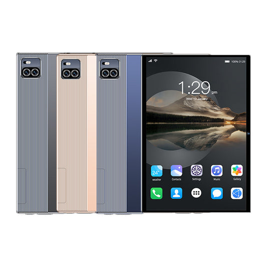 A selection of smart game tablets in gold, blue, and gray colors, showcasing the back and front of the devices with a display screen on.