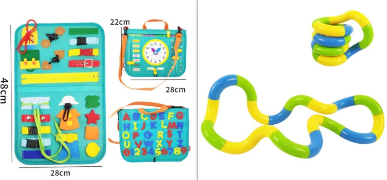 Educational toy set with colorful rings and a fabric book.