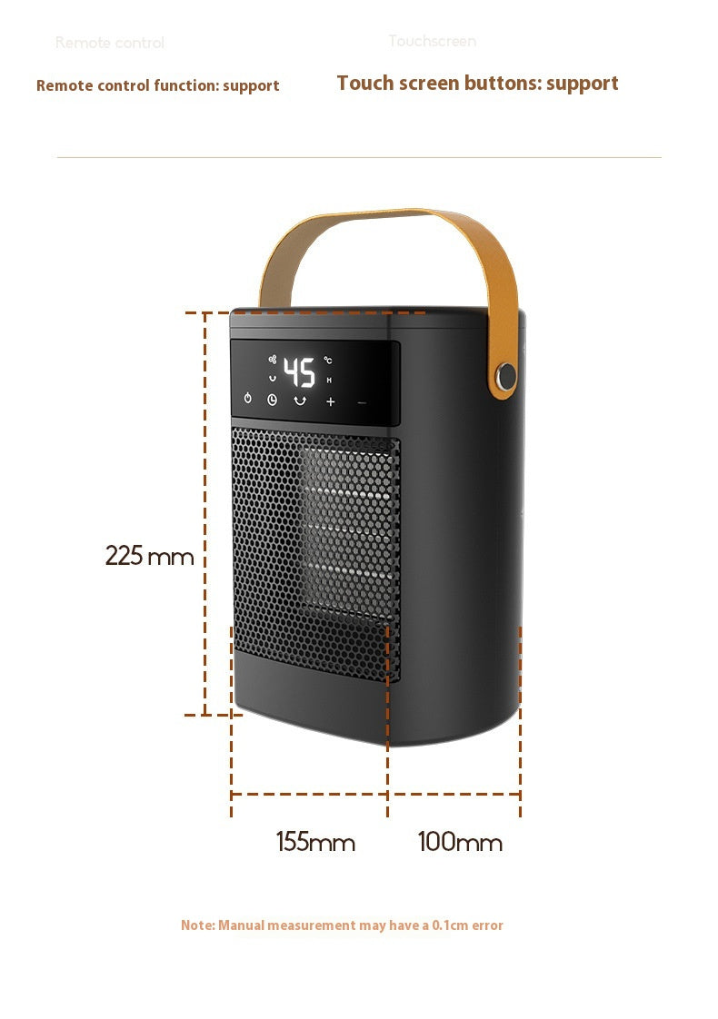 Black portable heater with dimensions and features on a white background