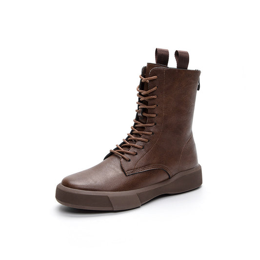 Retro Flat Heel Low Leather Boots - Soft Sole & Lace-Up Flat Heel Retro Low Leather Boots Soft B | Ectron Online