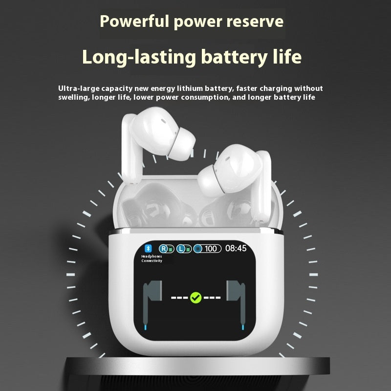 Wireless earbuds with charging case on a dark background, highlighting battery life and power reserve.