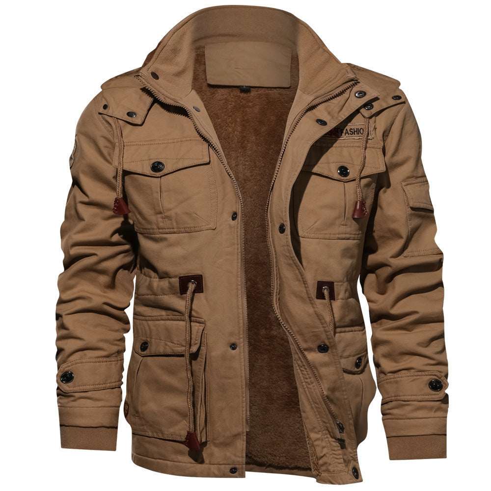 Winter Zip-up Coat Warm Thickened Detachable Hooded Jacket Multi-pocket Button Drawstring Long Sleeve Tops Men's Cargo Clothing