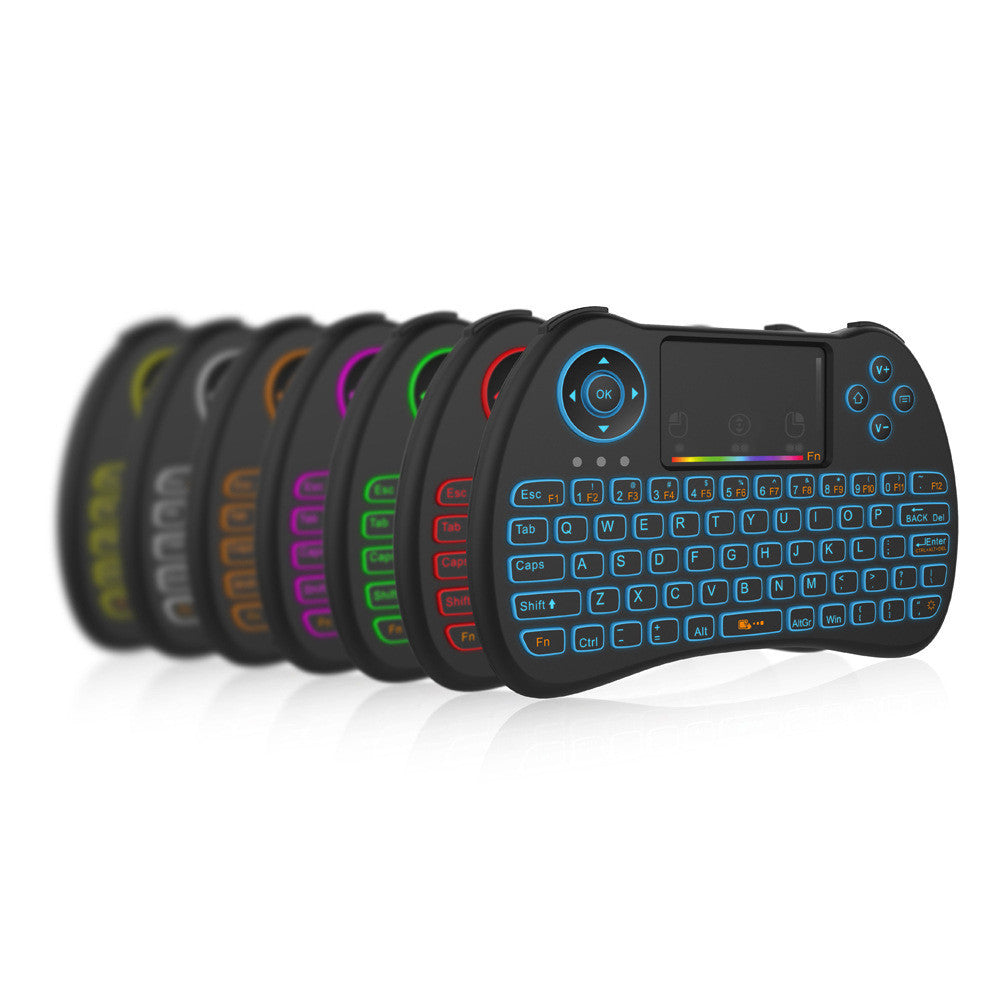 Three H9 wireless backlit colorful touch remote control keyboards in black color with illuminated keys in various colors.
