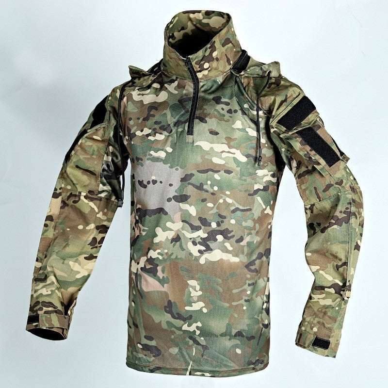 Camouflage military jacket on a light gray background