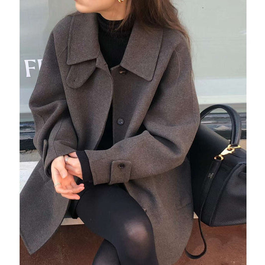 Lapel Single Breasted Mid-length Woolen Coat