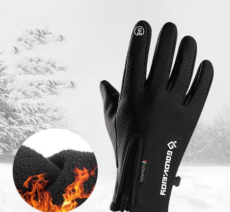 Black gloves with brand logo on a snowy background
