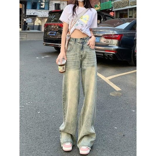 Retro Cement Yellow Straight Wide-leg Jeans For Women Spring And Summer New Loose Slim High Waist Drape Long Pants