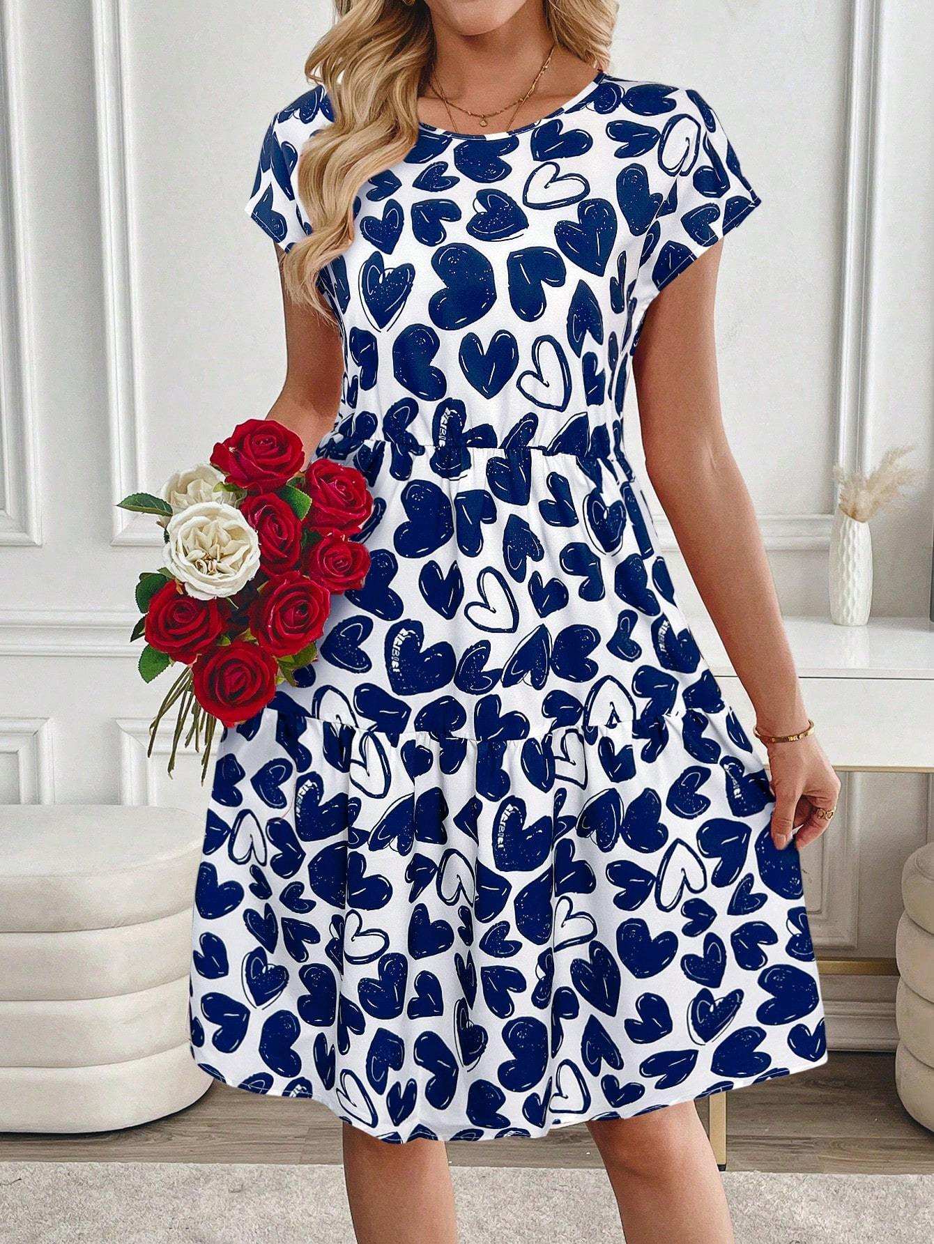 Women's Valentine's Day Heart Print Round Neck Short Sleeve Short Casual Dress