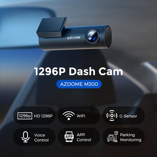AZDOME M300 dash cam on a car dashboard with features highlighted