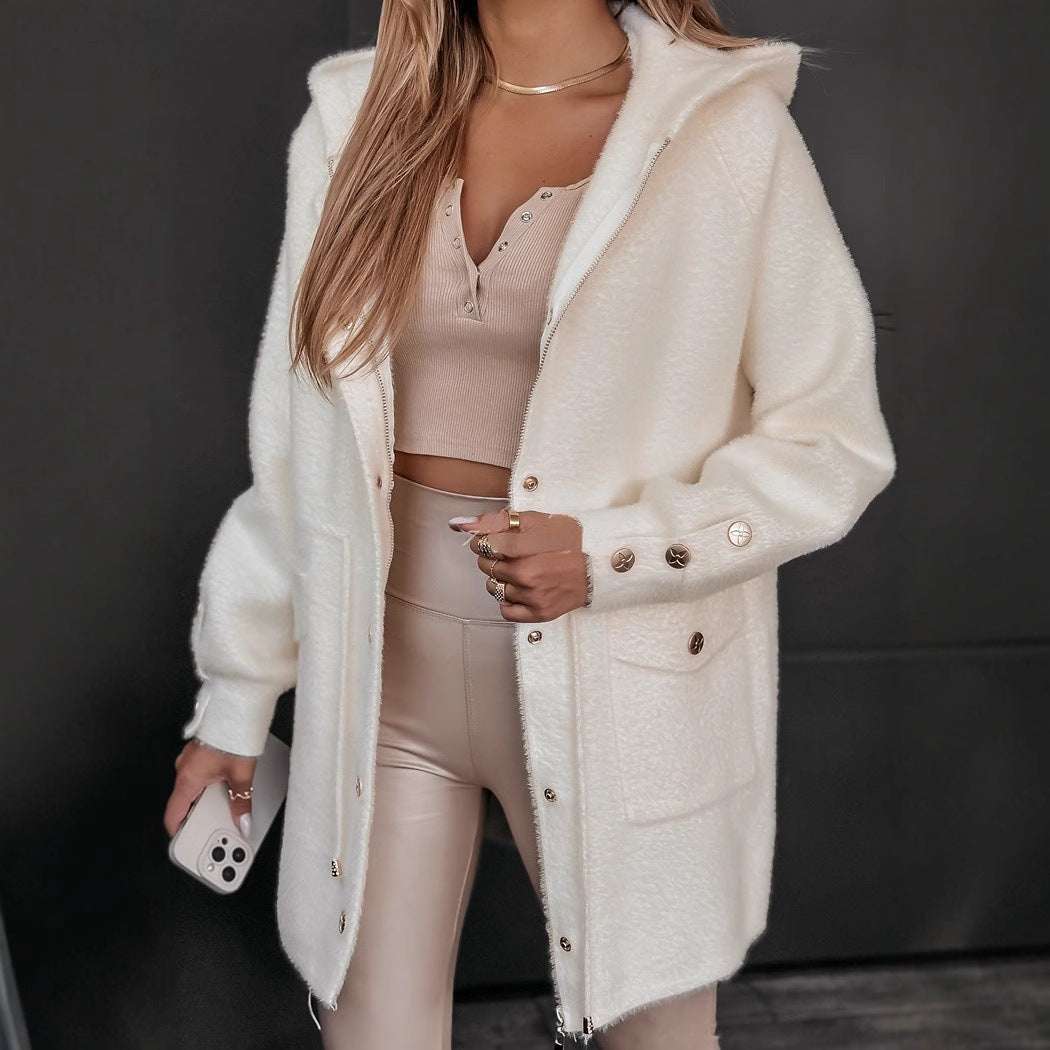 Fashion Drawstring Belt Zip Hooded Jacket