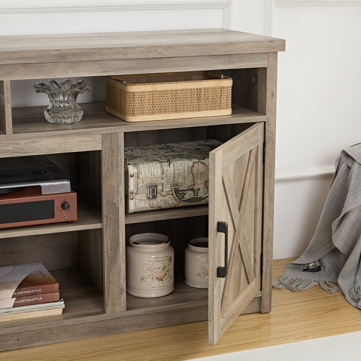 Farmhouse Barn Door TV Stand for TVs up to 65" - Gray Wash Console