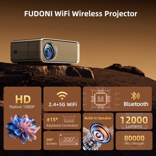 Native 1080P 5G WiFi Projector | 12000 Lumens 4K Support Home Cinema