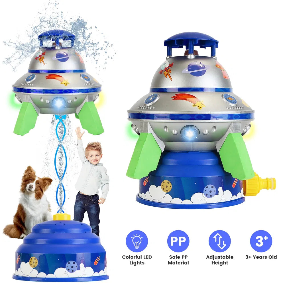 UFO water sprinkler with LED lights, blue base, green legs, and saucer top