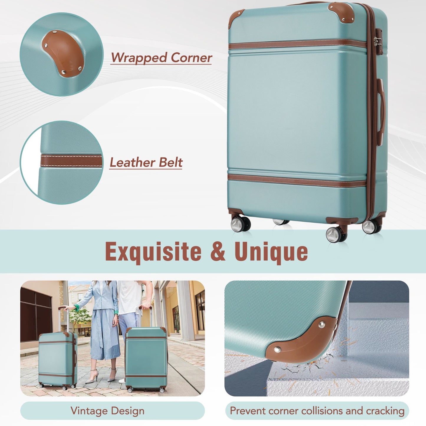 Hardshell Luggage Sets 3 Pieces 20"+28" Luggages and Cosmetic Case Spinner Suitcase with TSA Lock Lightweight,Green - Ectron Online