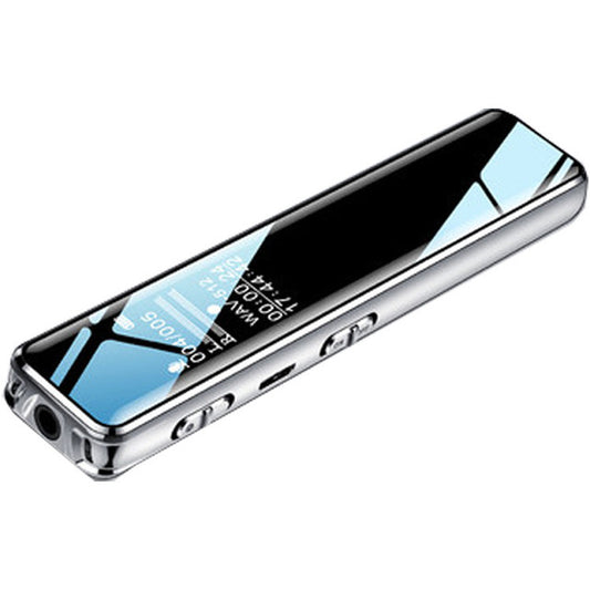 Digital voice recorder with reflective surface on a white background