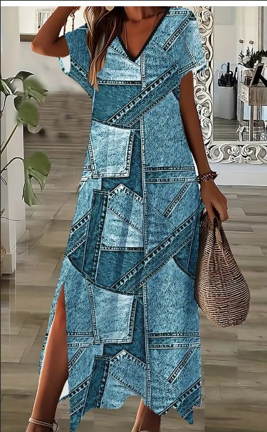 Elegant Women's Short Sleeve V-Neck Denim-Inspired Dress With Geometric Print And Side Slit - Machine Washable - Chic Summer Fashion