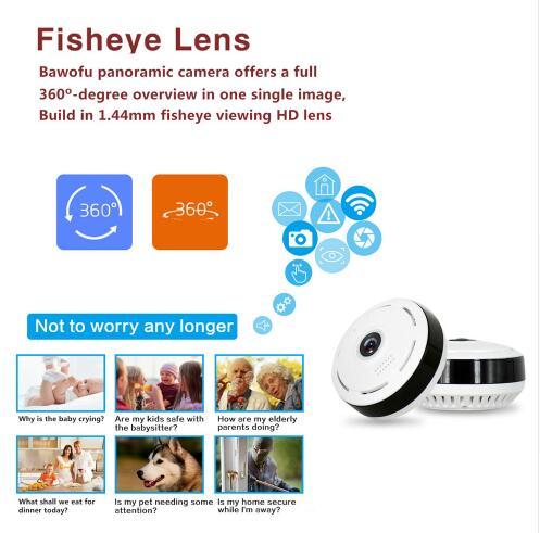 Bawofu panoramic camera with fisheye lens features and images of its uses.